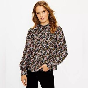 LOFT Cottagecore Floral Blouse Ruffle Bib Keyhole Dark Academia Vintage Style M